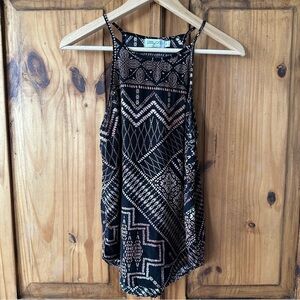 Sleeveless Boho Tribal  Halter Tank Top Black Brown Beige - Size 8